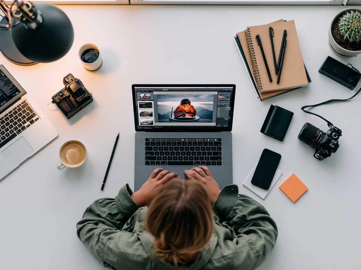 Photographer editing photos on a laptop with cameras and creative tools