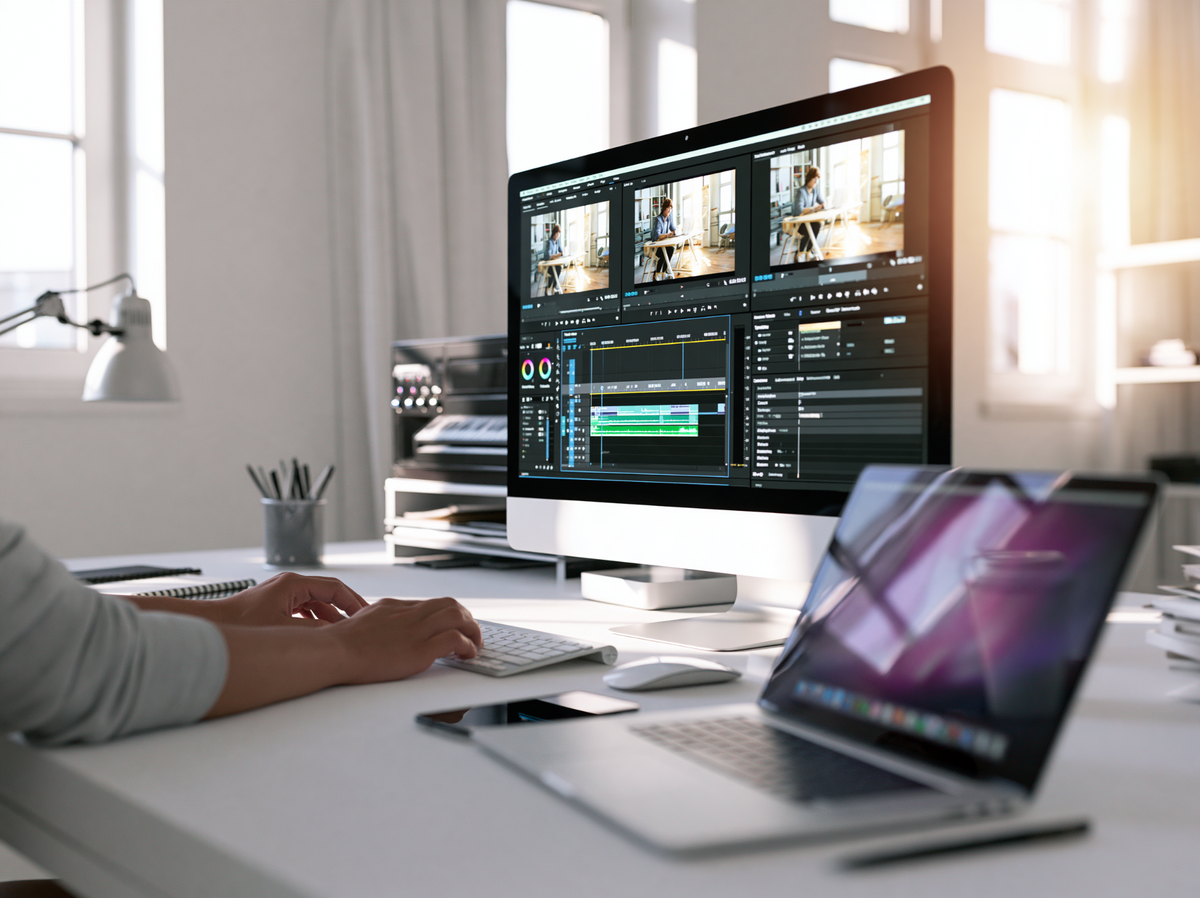 Video editor working on colour grading at a desktop monitor