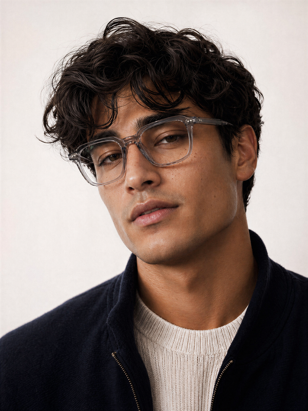 Man wearing blue light glasses NORD and a dark jacket against a light background
