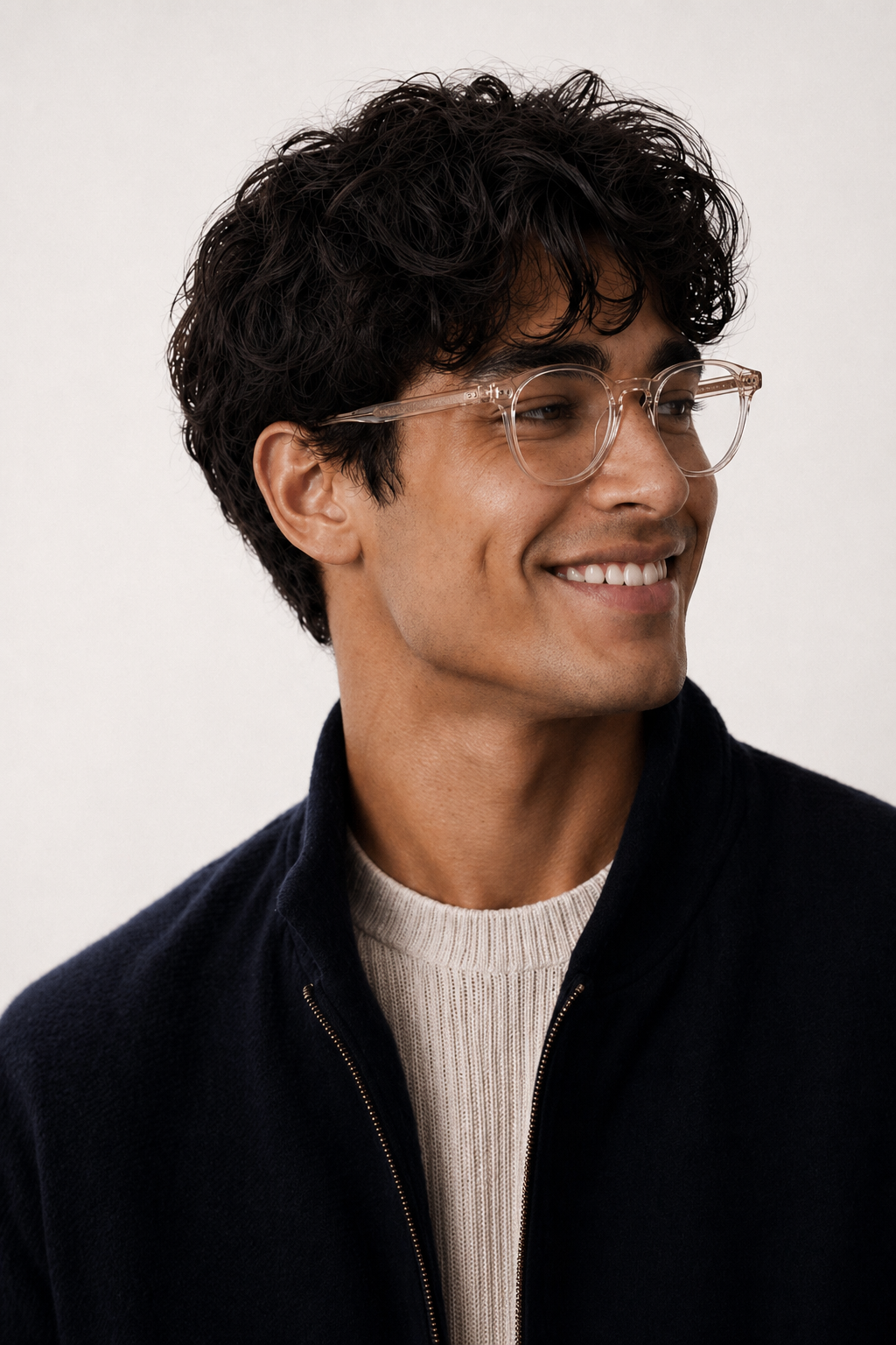 Man wearing blue light glasses SOL  and a dark jacket against a plain background