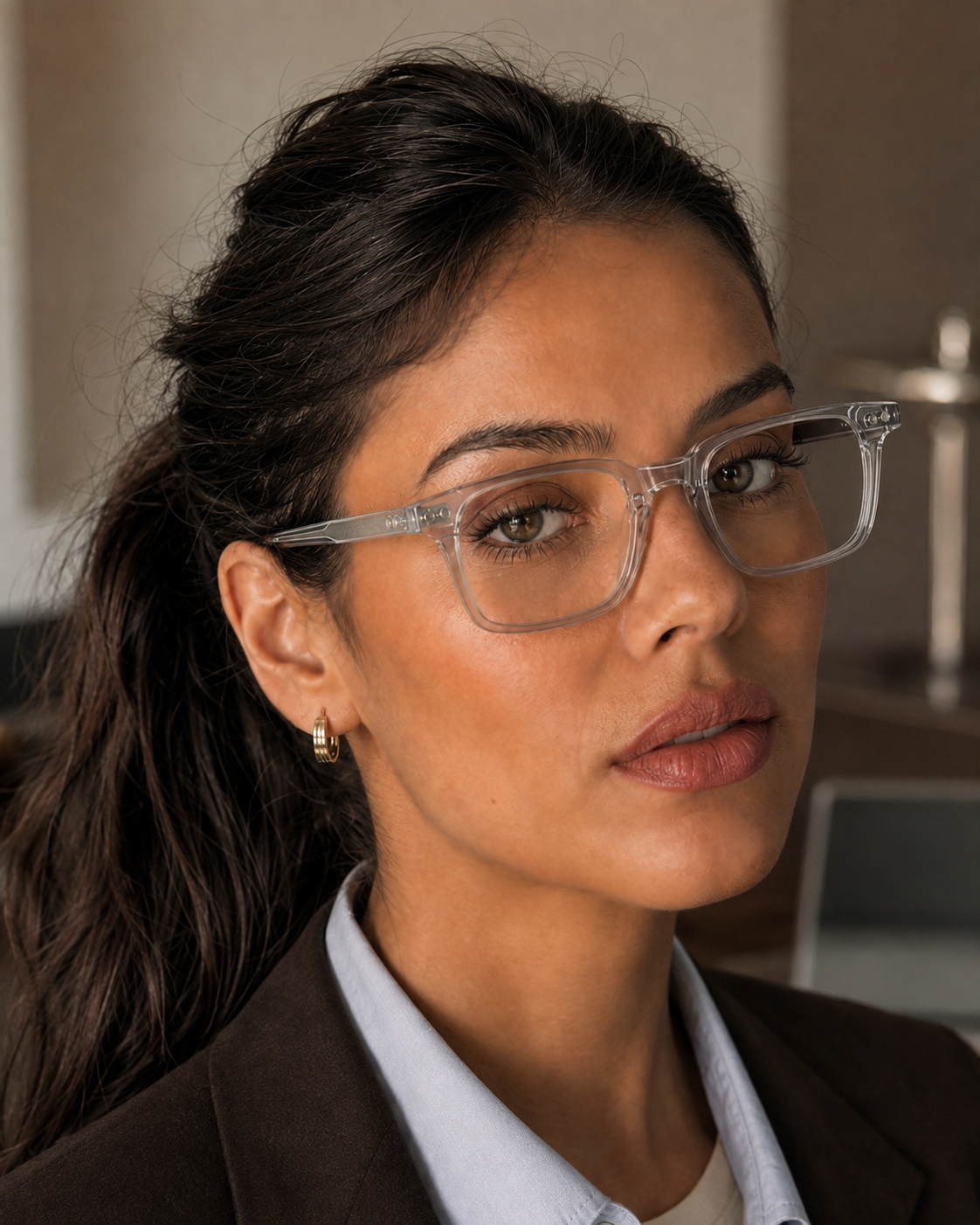 Close-up of woman wearing PROJECT CLÆR VERA Smoke rectangular blue-light glasses