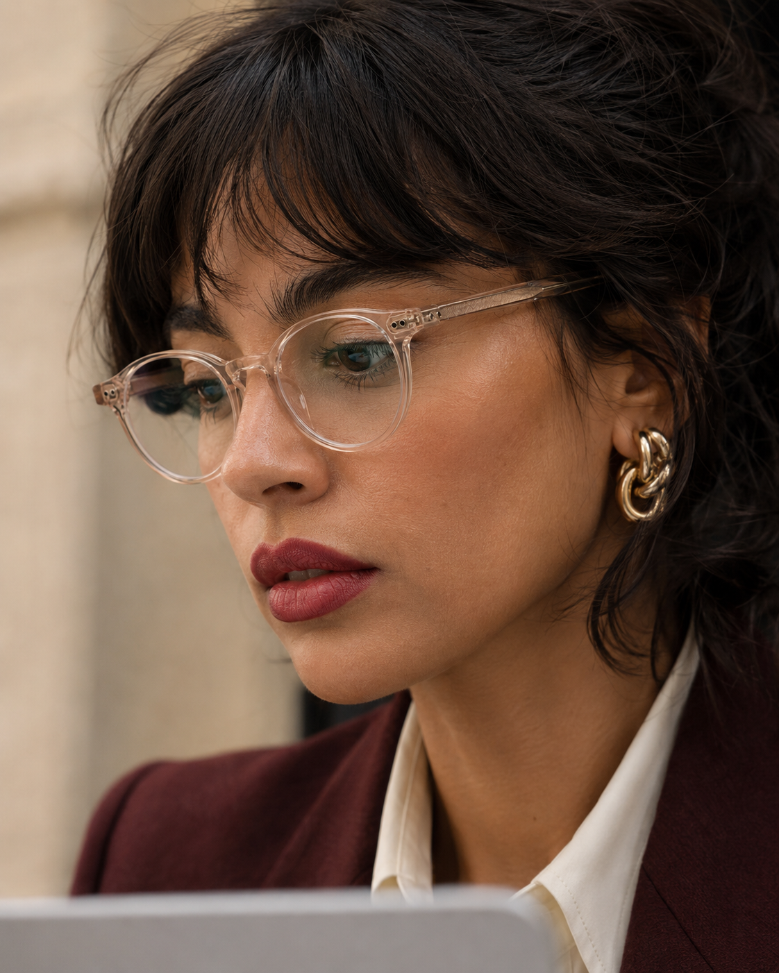 Woman wearing PROJECT CLÆR SOL Dawn round blue-light glasses