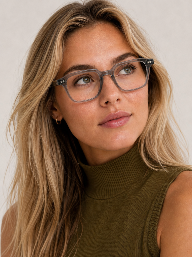 Woman wearing glasses and a green sleeveless top against a neutral background
