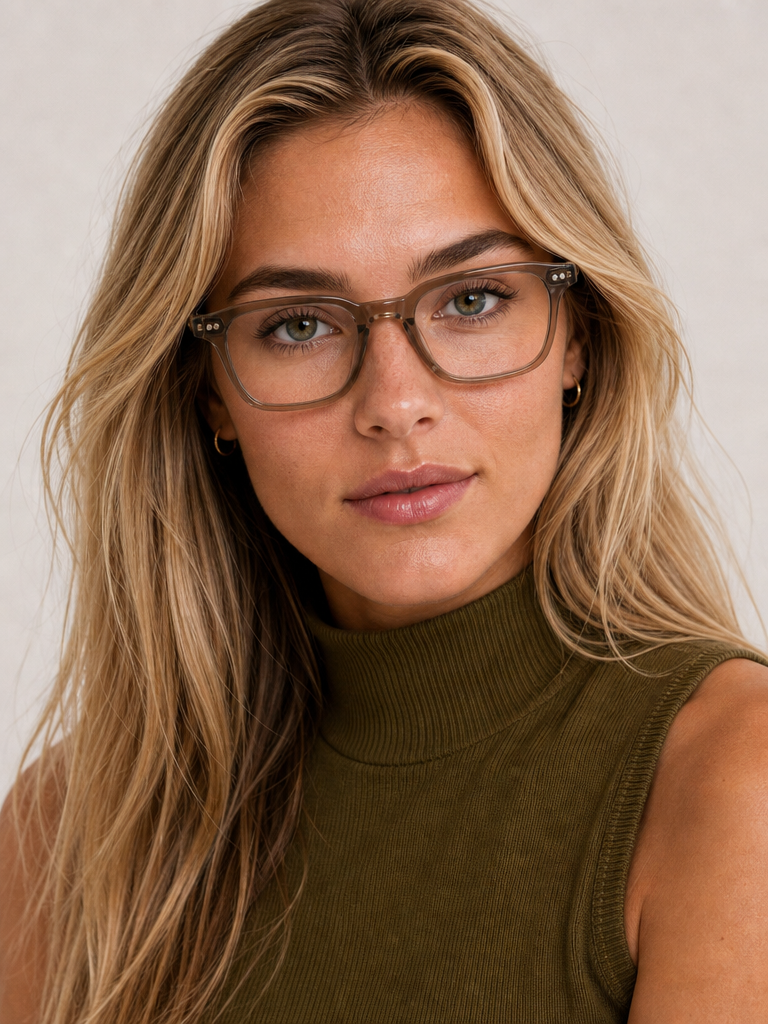 Woman wearing blue light glasses and a green sleeveless top against a neutral background