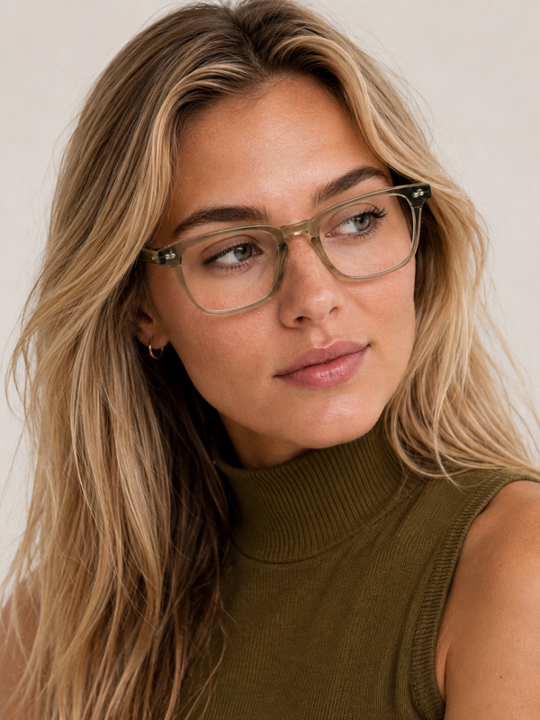 Woman wearing blue light glasses and a green sleeveless top against a neutral background