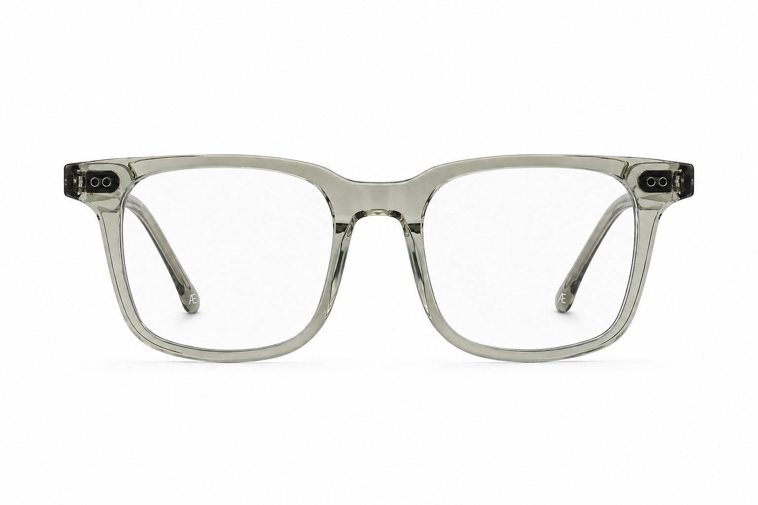Clear sage blue light eyeglasses on a white background